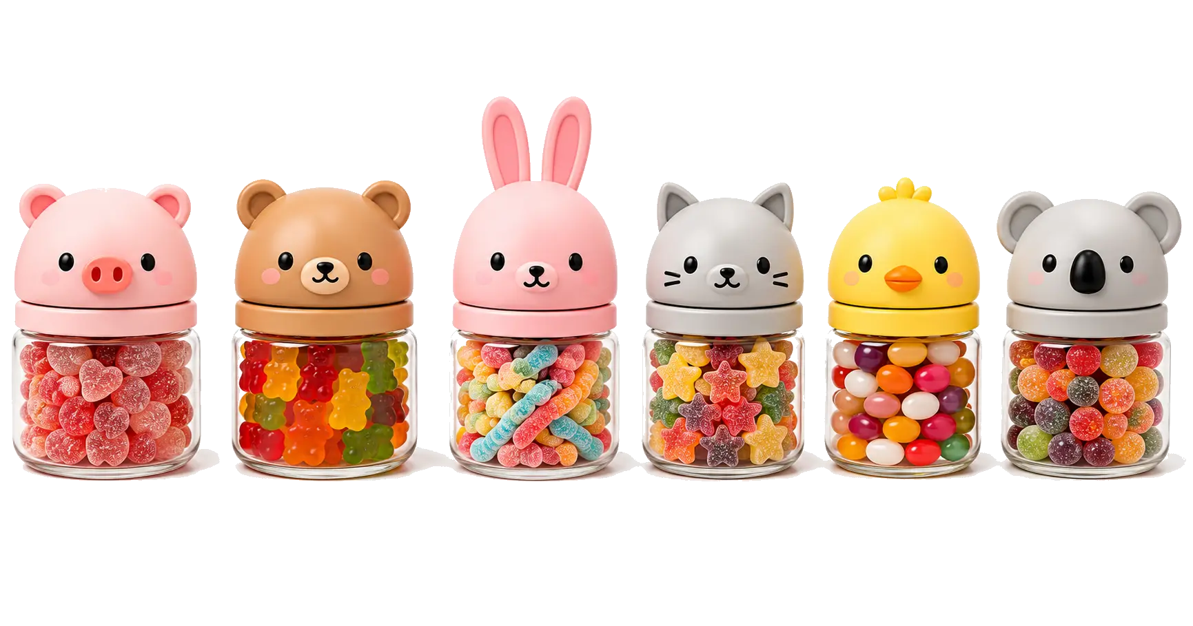 Tasty Town's pig, bear, rabbit, cat, bird and koala character jars in a pastel candy town