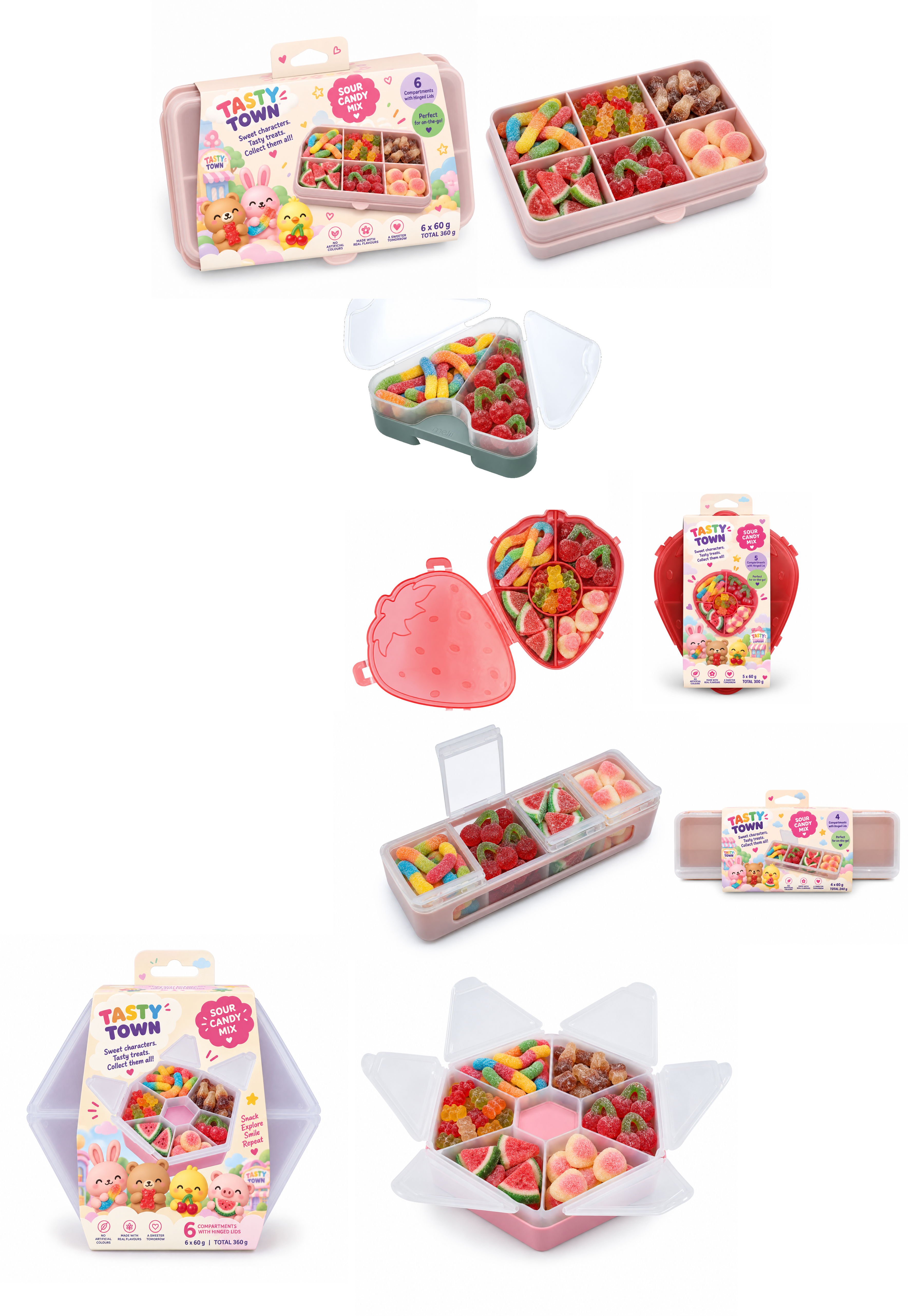 Six-compartment snackle box, open with candy